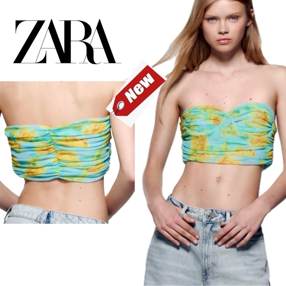 Zara blue yellow floral flower ruched strapless bandeau bustier crop top L NWT